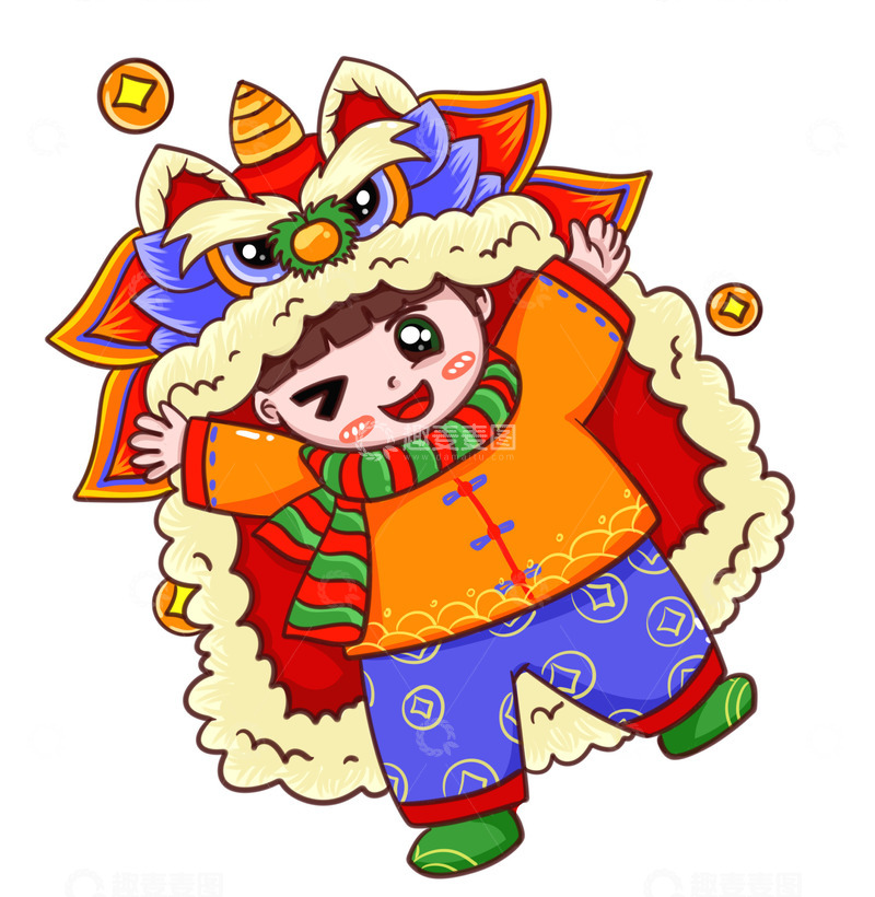 源文件下载【趣麦麦图】新年可爱小女孩舞狮子