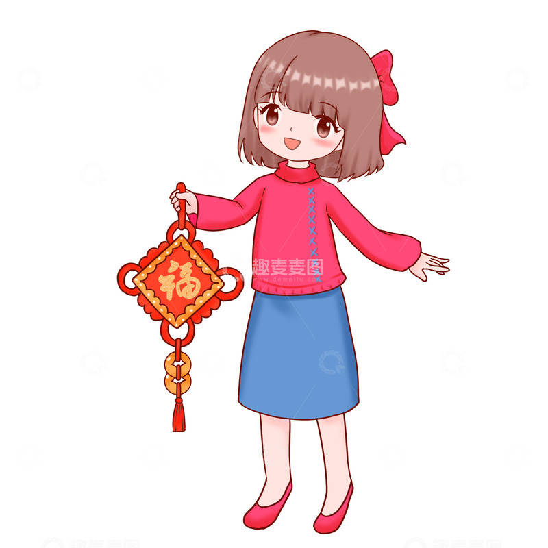 源文件下载【趣麦麦图】元旦海报背景元素福字平安结人物