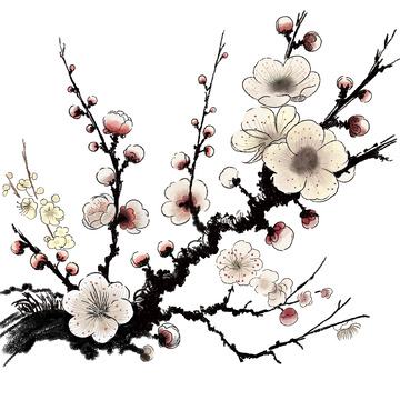 梅花水墨风格手绘素材