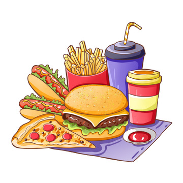 快餐汉堡披萨可乐薯条热狗手绘插画