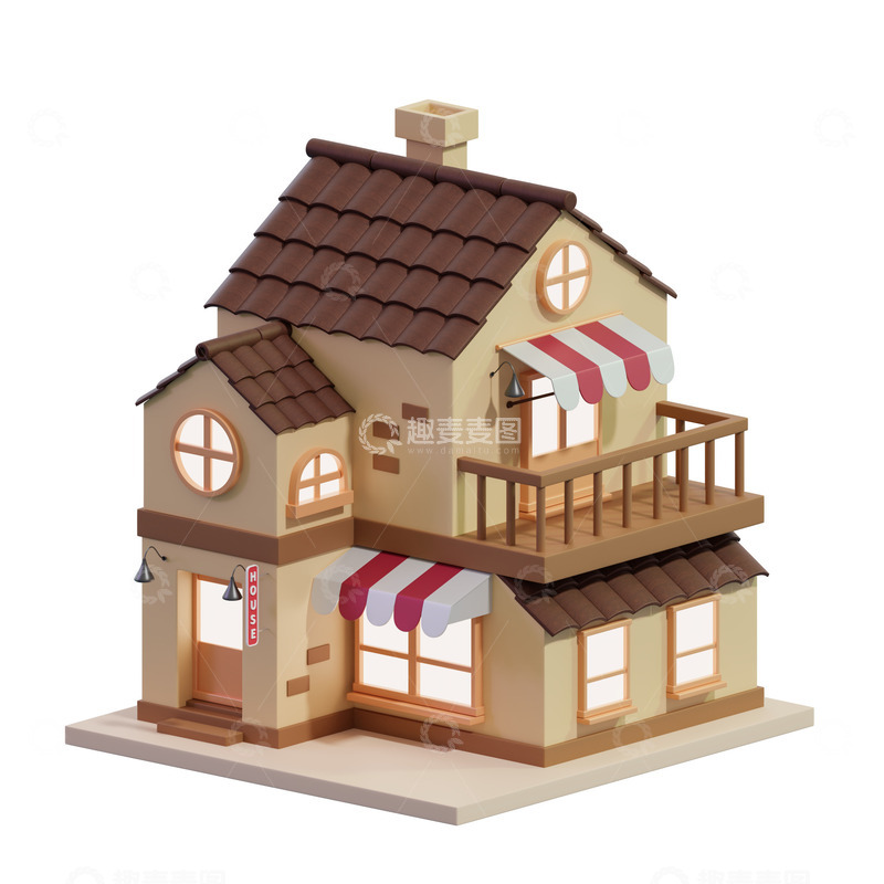 源文件下载【趣麦麦图】-3D立体卡通房子小屋模型