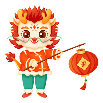 喜庆龙年春节福字灯笼新年祝福可爱卡通手绘