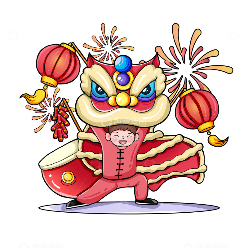 舞狮灯笼烟花鞭炮男孩手绘插画