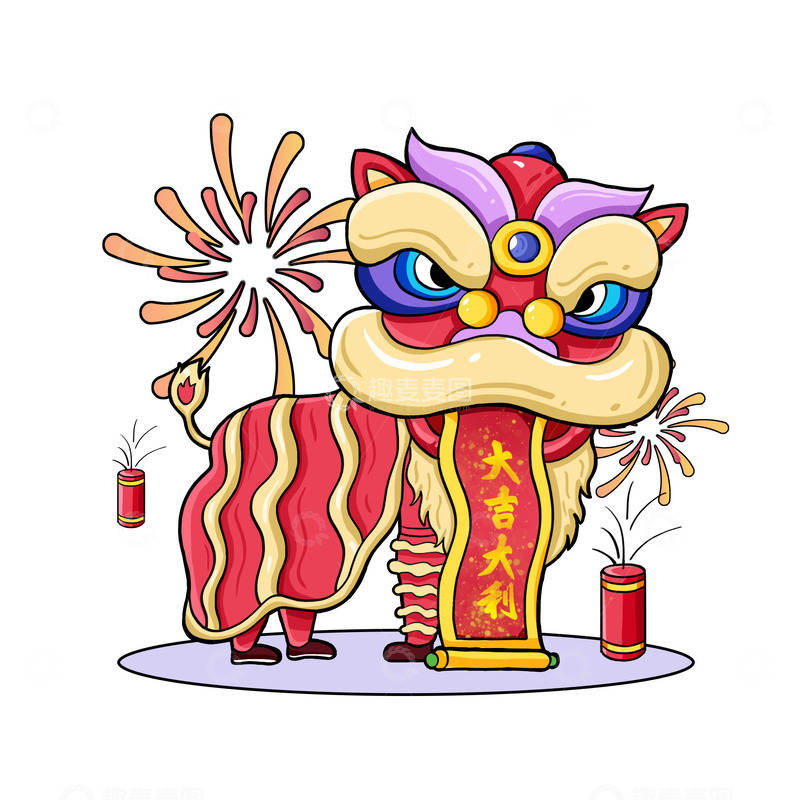 舞狮烟花鞭炮手绘插画