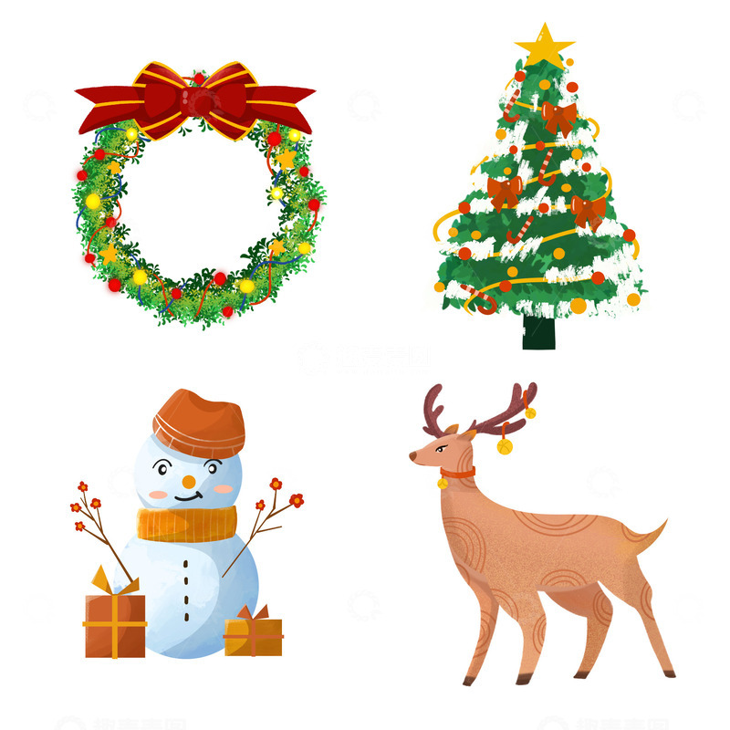 源文件下载【趣麦麦图】圣诞节 花圈 圣诞树 雪人 麋鹿 装饰图