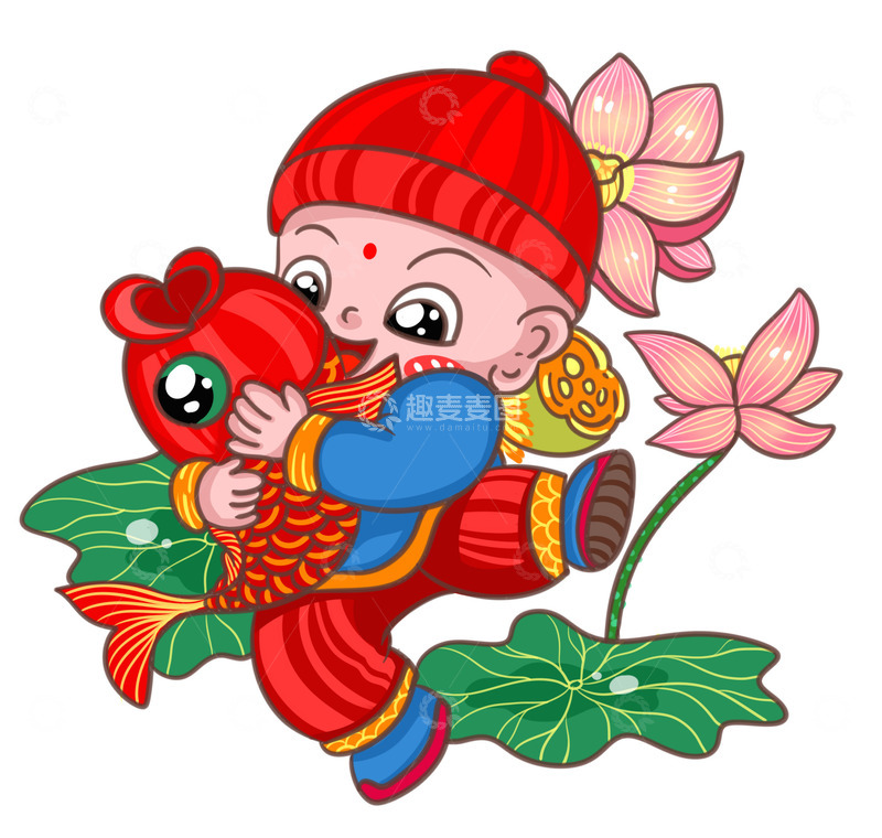 源文件下载【趣麦麦图】可爱小孩与锦鲤