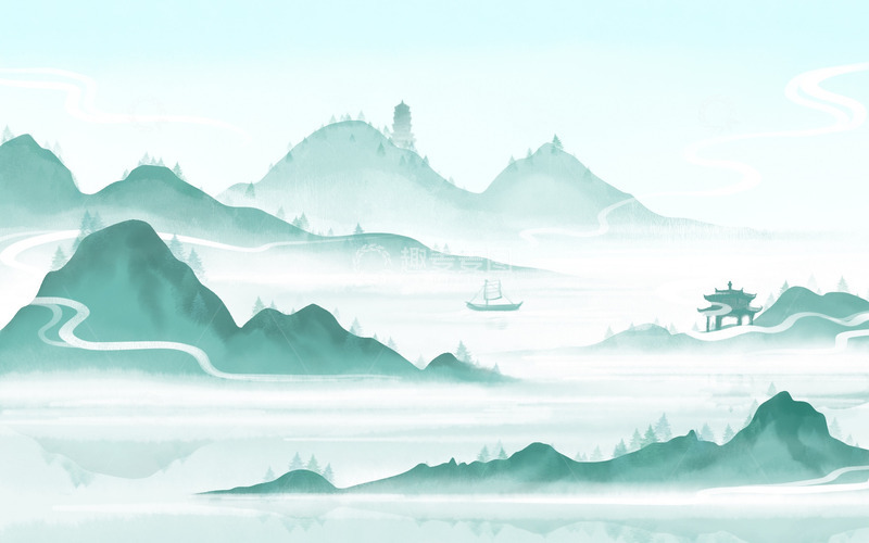 源文件下载【趣麦麦图】-中国风水墨山水丹青绿色山水场景写意场景