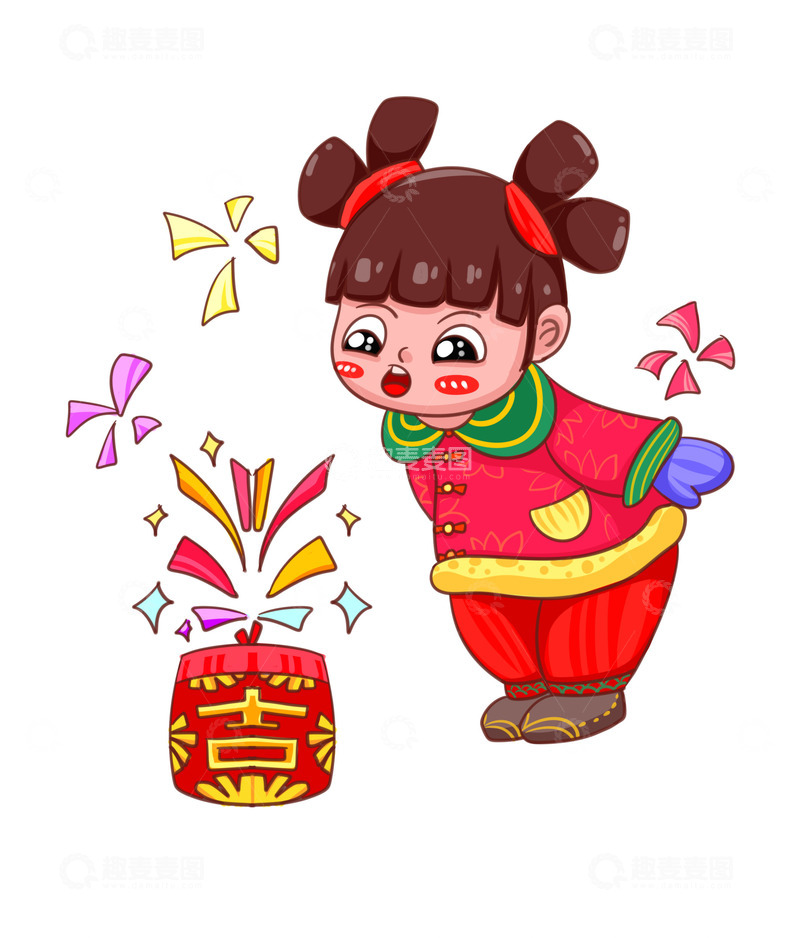 源文件下载【趣麦麦图】过年小女孩玩烟花