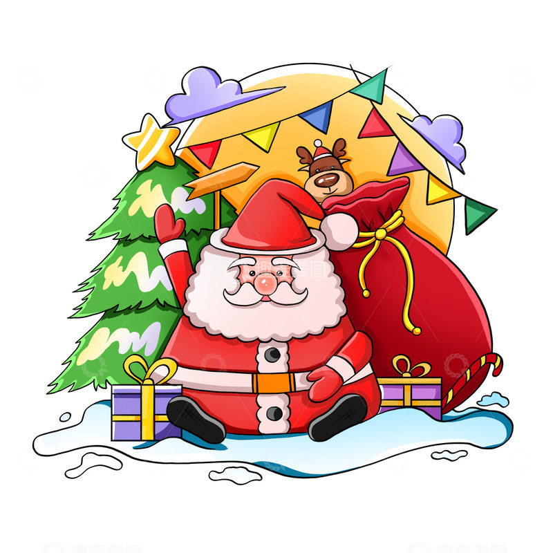 源文件下载【趣麦麦图】圣诞老人驯鹿圣诞节圣诞树场景手绘插画元素