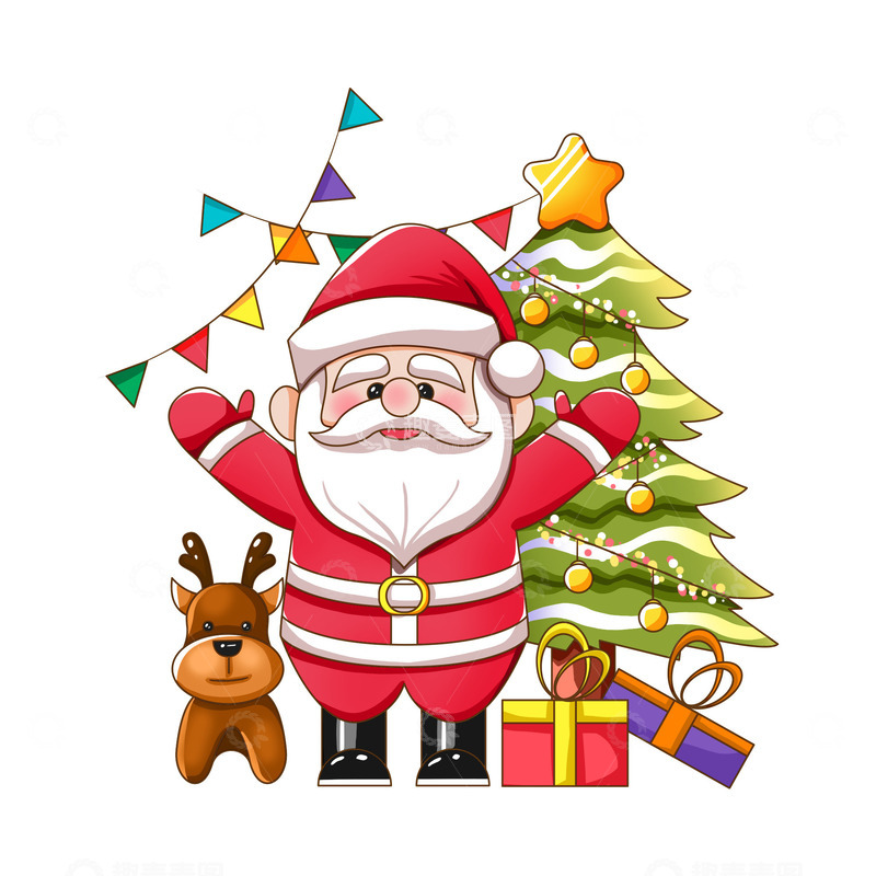 源文件下载【趣麦麦图】礼物圣诞节圣诞老人驯鹿圣诞树场景手绘插画