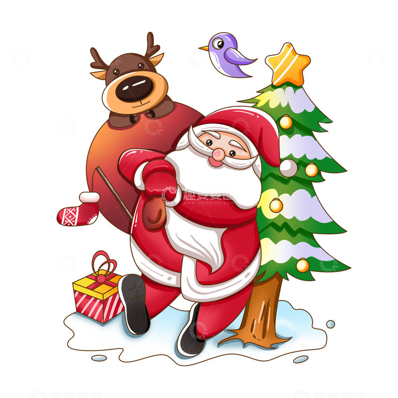 源文件下载【趣麦麦图】圣诞节礼物圣诞老人驯鹿圣诞树场景手绘插画