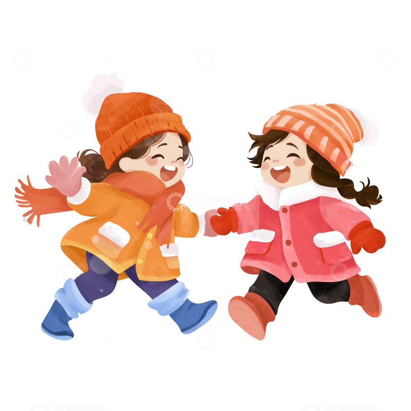 冬天可爱的小女孩户外雪地玩耍手绘人物素材