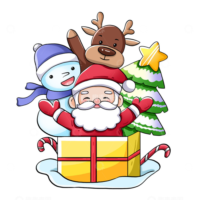 源文件下载【趣麦麦图】礼物圣诞老人雪人驯鹿圣诞节圣诞树场景手绘
