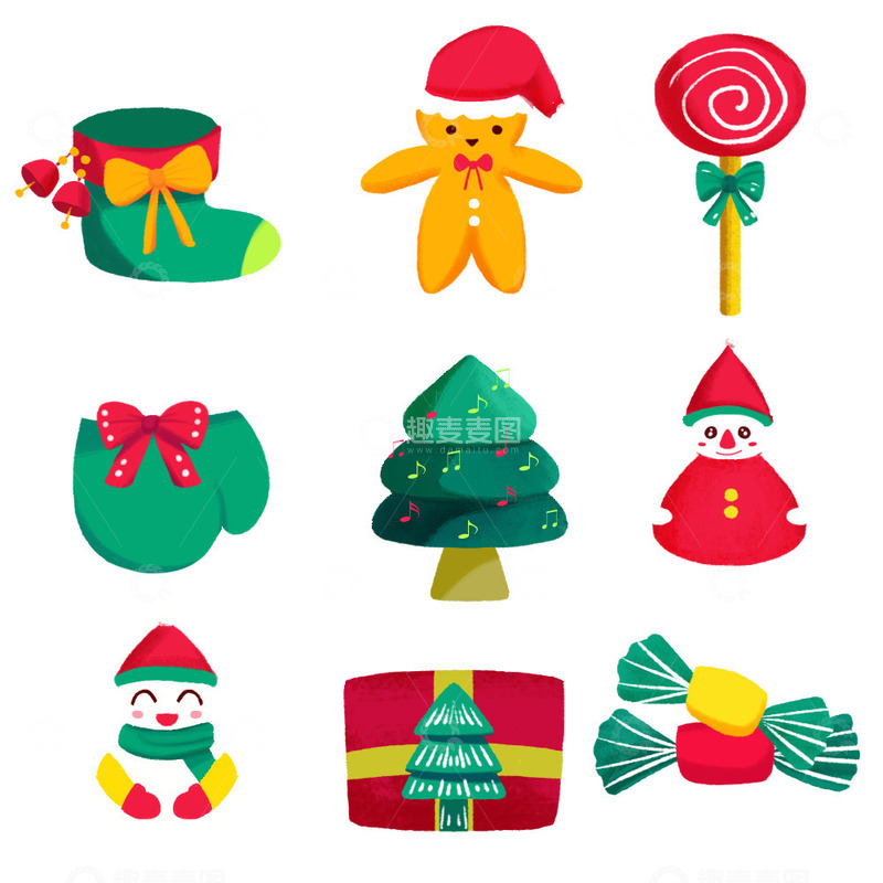 源文件下载【趣麦麦图】圣诞树糖果手套可爱元素
