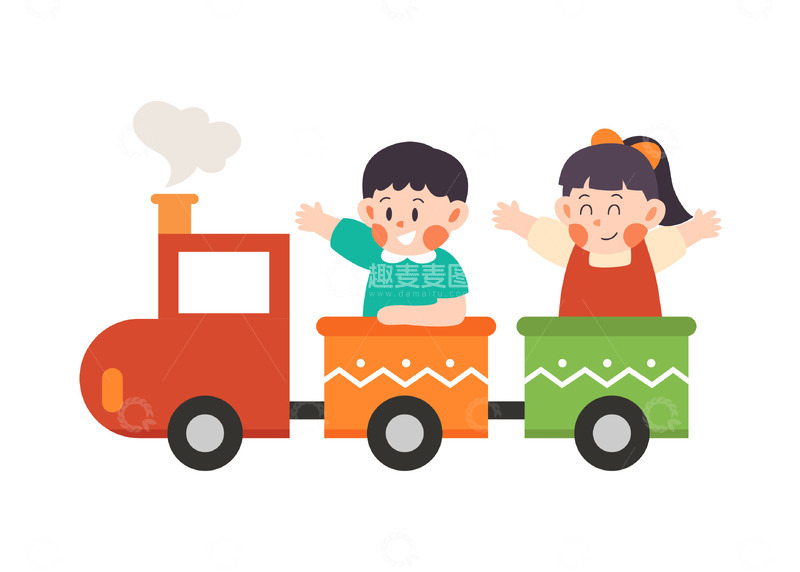 卡通简约坐着小火车的孩子们