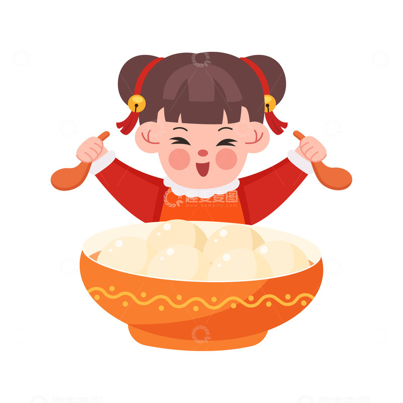 源文件下载【趣麦麦图】卡通简约拿着勺子吃汤圆