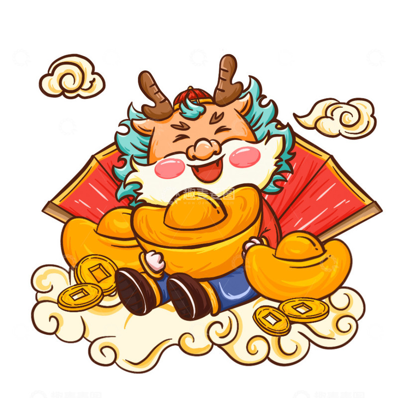 源文件下载【趣麦麦图】坐着手抱元宝的卡通龙