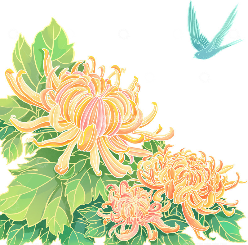 源文件下载【趣麦麦图】国潮风描线菊花与飞燕
