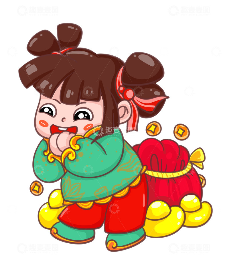 源文件下载【趣麦麦图】-金灿灿金元宝小女孩