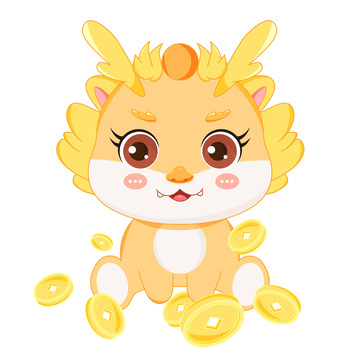 卡通龙年IP玩钱币新春贺岁手绘插画元素