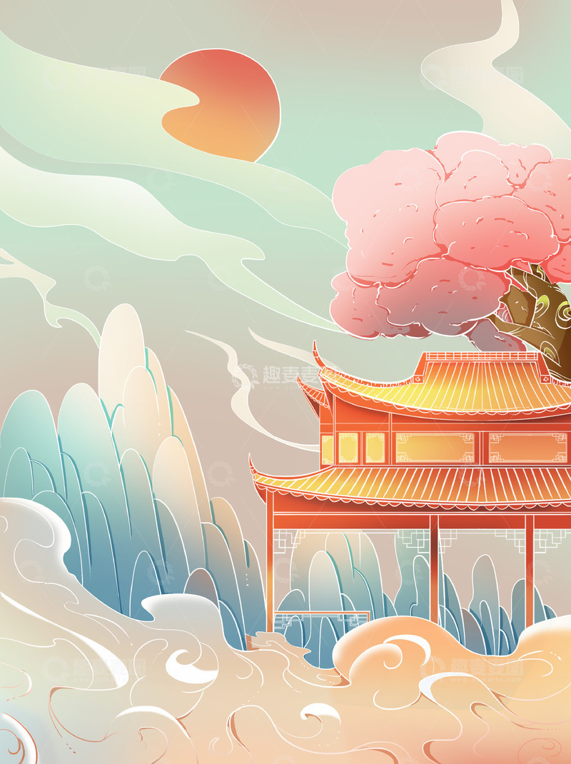 源文件下载【趣麦麦图】国潮简约风景背景