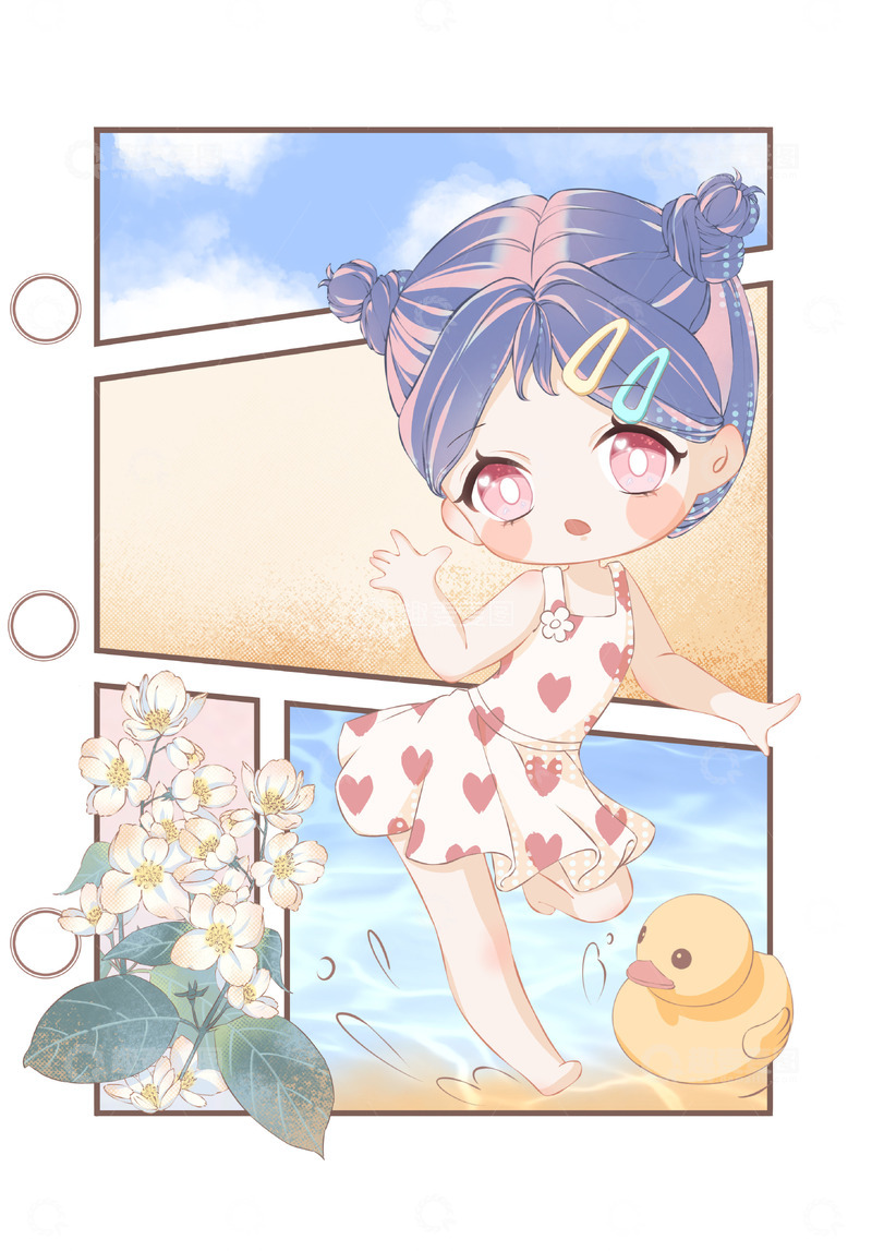 源文件下载【趣麦麦图】女孩沙滩鸭子玩具茉莉花