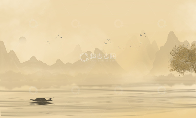 源文件下载【趣麦麦图】-复古底纹山水卷轴展板背景