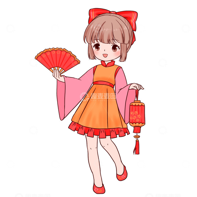 源文件下载【趣麦麦图】元旦海报背景元素拿折扇提灯笼新年人物