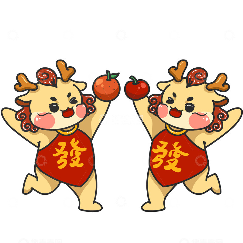 源文件下载【趣麦麦图】-手绘卡通龙苹果橘子龙年形象
