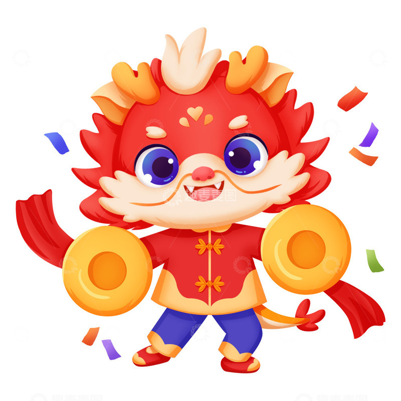 龙年春节敲锣喜庆祝福开心过新年彩带手绘