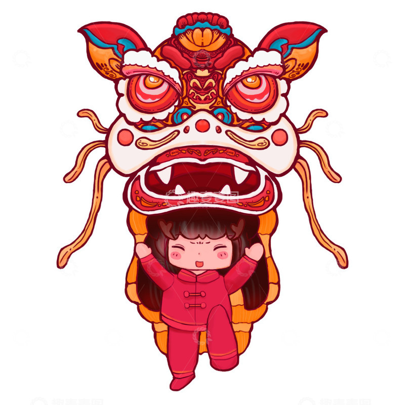 源文件下载【趣麦麦图】-舞狮元旦新年2024喜庆节日红火小女孩
