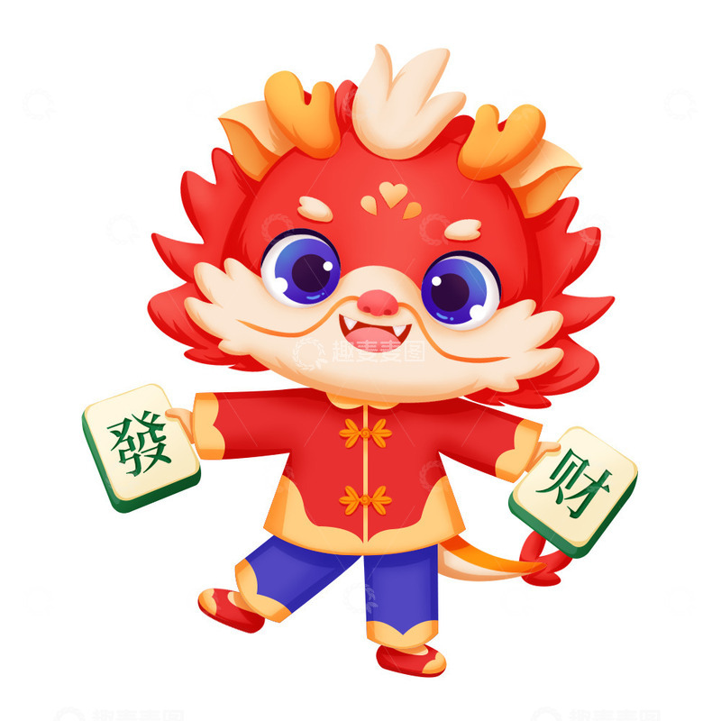喜庆红色龙年春节新年发财麻将可爱祝福卡通