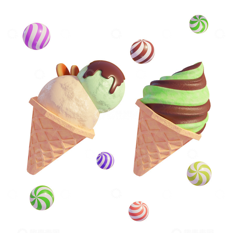 源文件下载【趣麦麦图】3D混合口味甜筒冰淇淋冻品美食模型