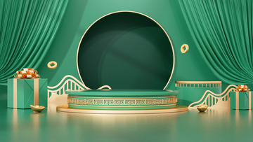 绿色元旦立体电商海报展台背景