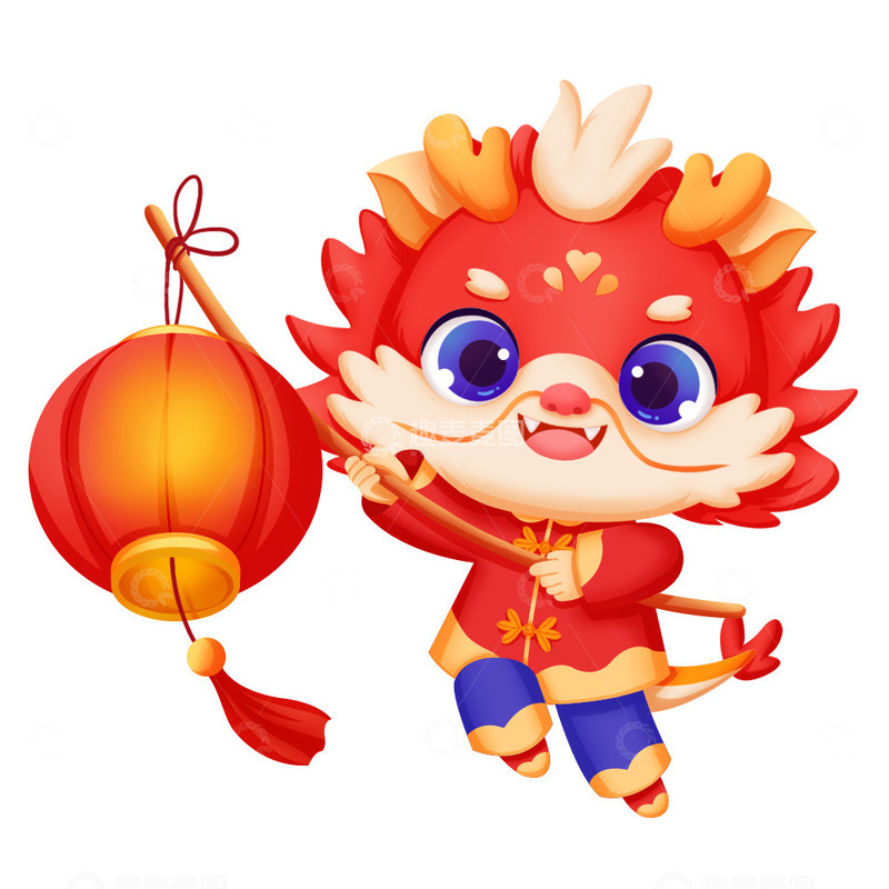 龙年春节红色喜庆提灯笼可爱高兴卡通龙人