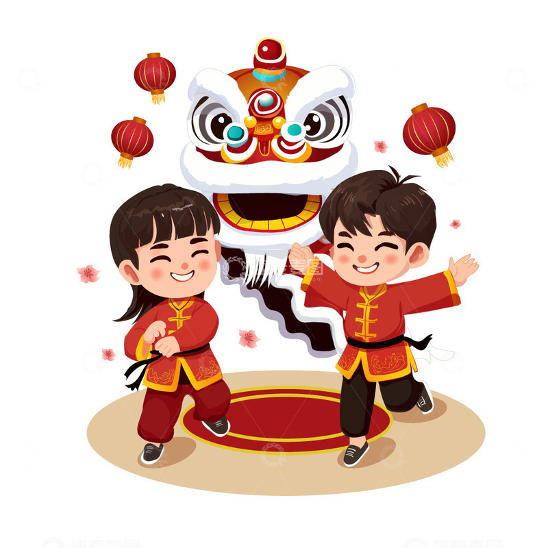 源文件下载【趣麦麦图】红色卡通风格2024春节舞狮子