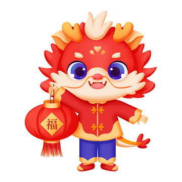 龙年春节红色喜庆新年拿福气灯笼可爱卡通龙