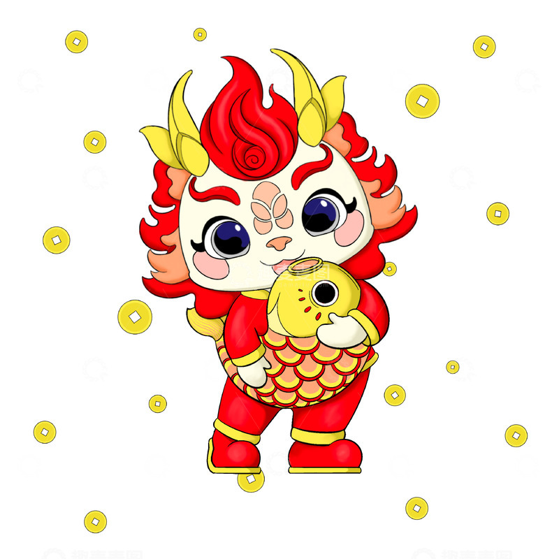 龙年卡通形象新年龙抱鲤鱼