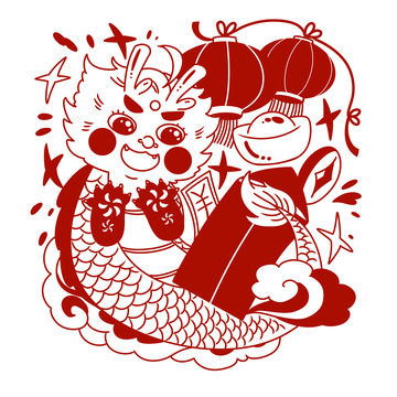 龙年剪纸红灯笼金元宝