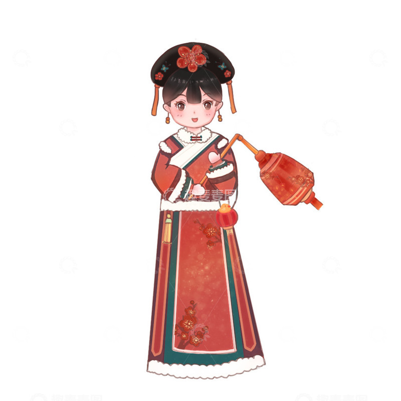源文件下载【趣麦麦图】格格冬天古装少女手绘卡通红色可爱