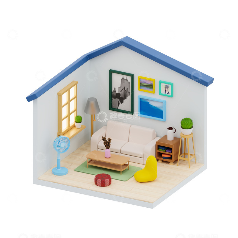 源文件下载【趣麦麦图】-3D立体卡通客厅房子模型