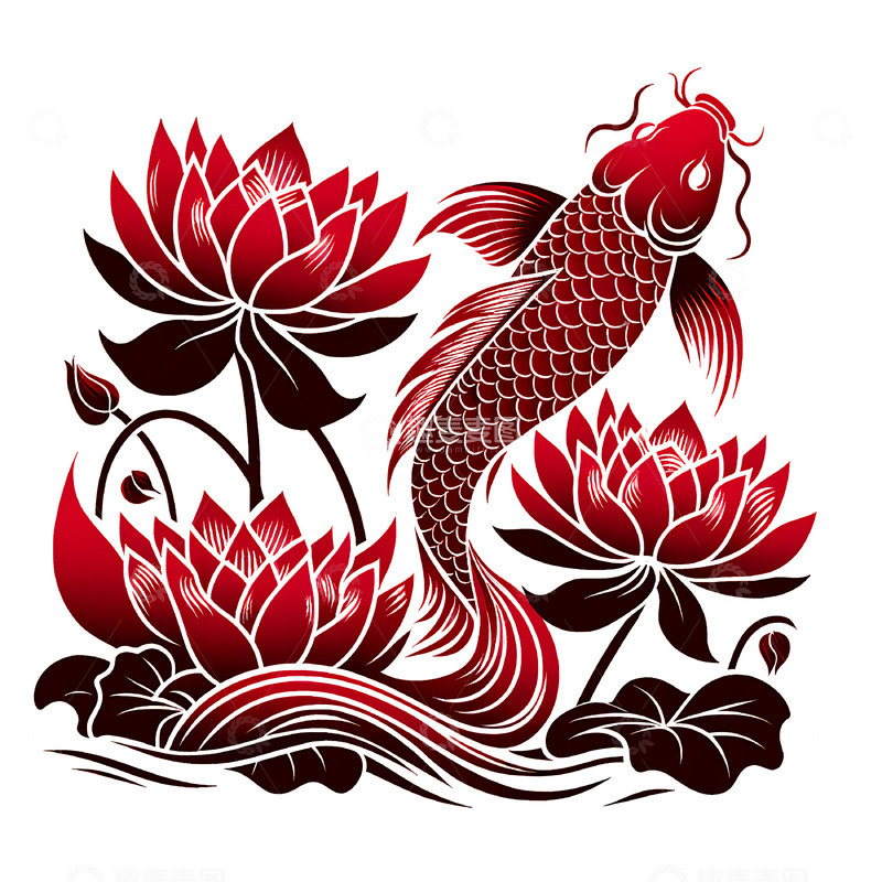 源文件下载【趣麦麦图】锦鲤荷花剪纸风格素材