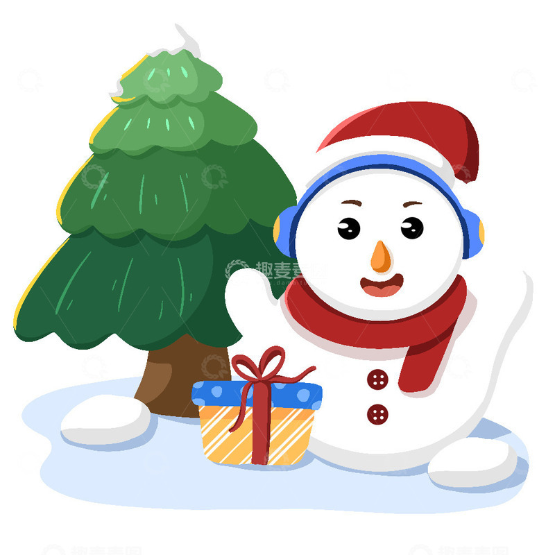 源文件下载【趣麦麦图】圣诞树礼物盒和雪人组合
