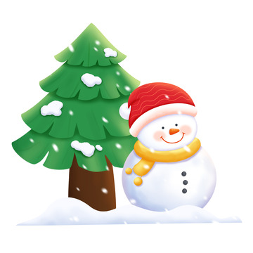 手绘可爱卡通雪人圣诞树插画