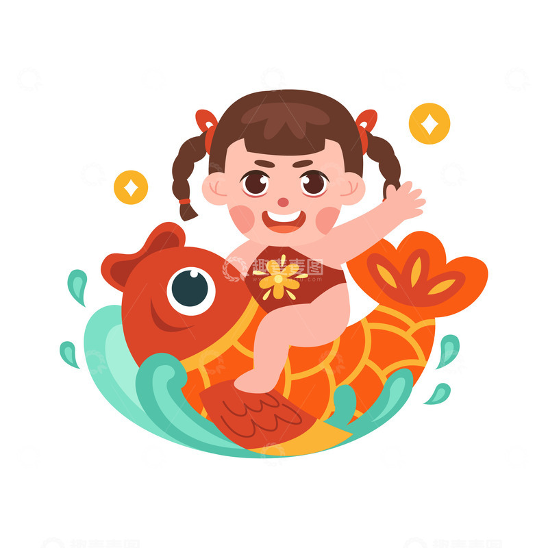 源文件下载【趣麦麦图】卡通简约骑着锦鲤的孩童