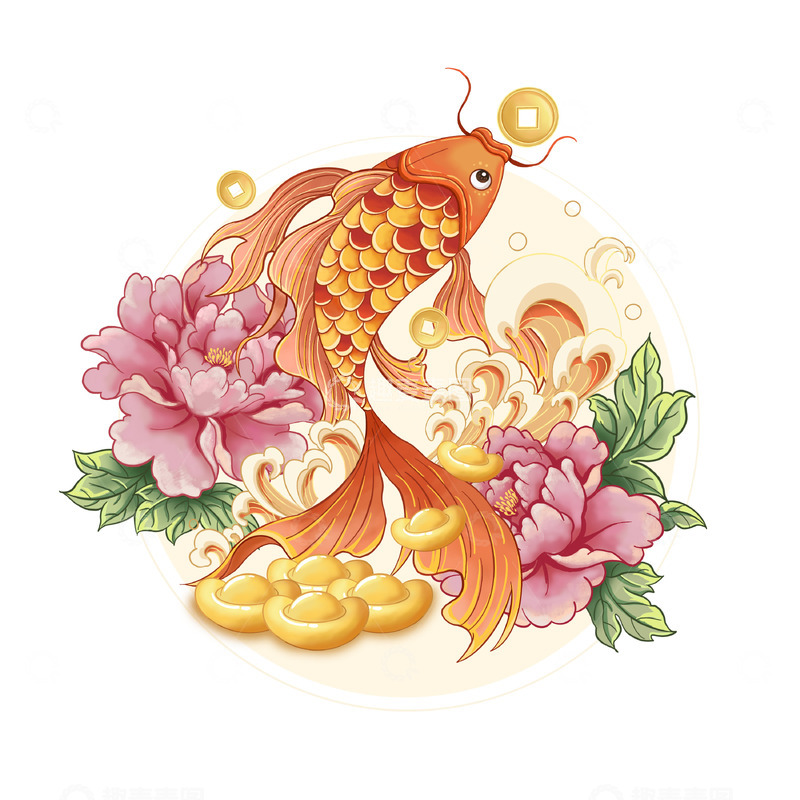 源文件下载【趣麦麦图】锦鲤鱼跃龙门富贵花牡丹花金元宝