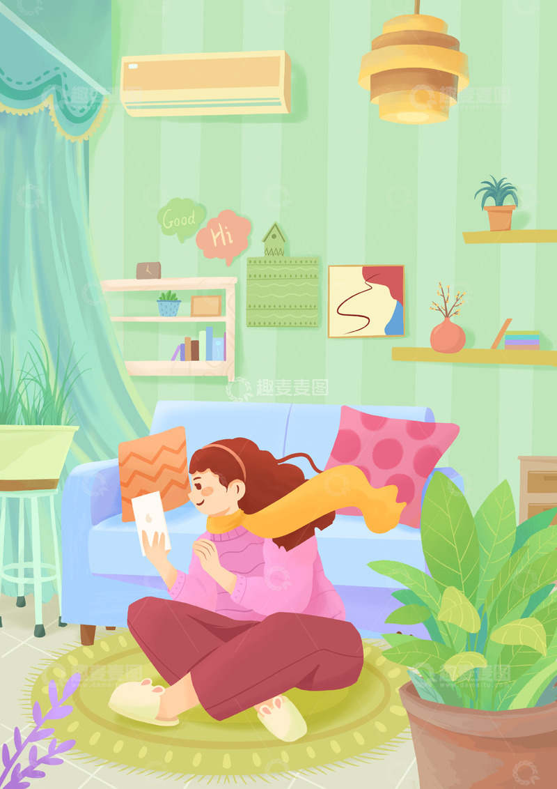 源文件下载【趣麦麦图】温馨室内女生独居看书扁平风格