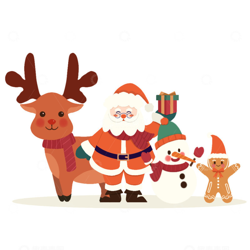 源文件下载【趣麦麦图】圣诞老人礼物姜饼人麋鹿扁平风雪人组合元素