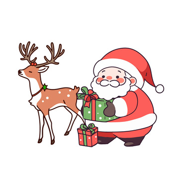 在发礼物的圣诞老人和麋鹿