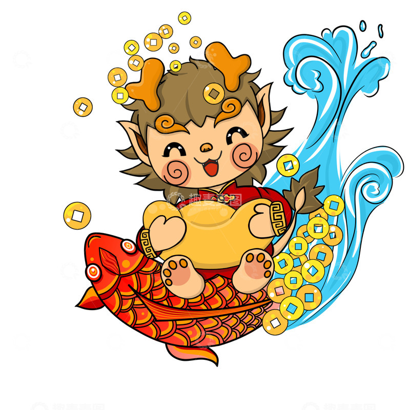 源文件下载【趣麦麦图】春节锦鲤小龙元宝铜钱发财